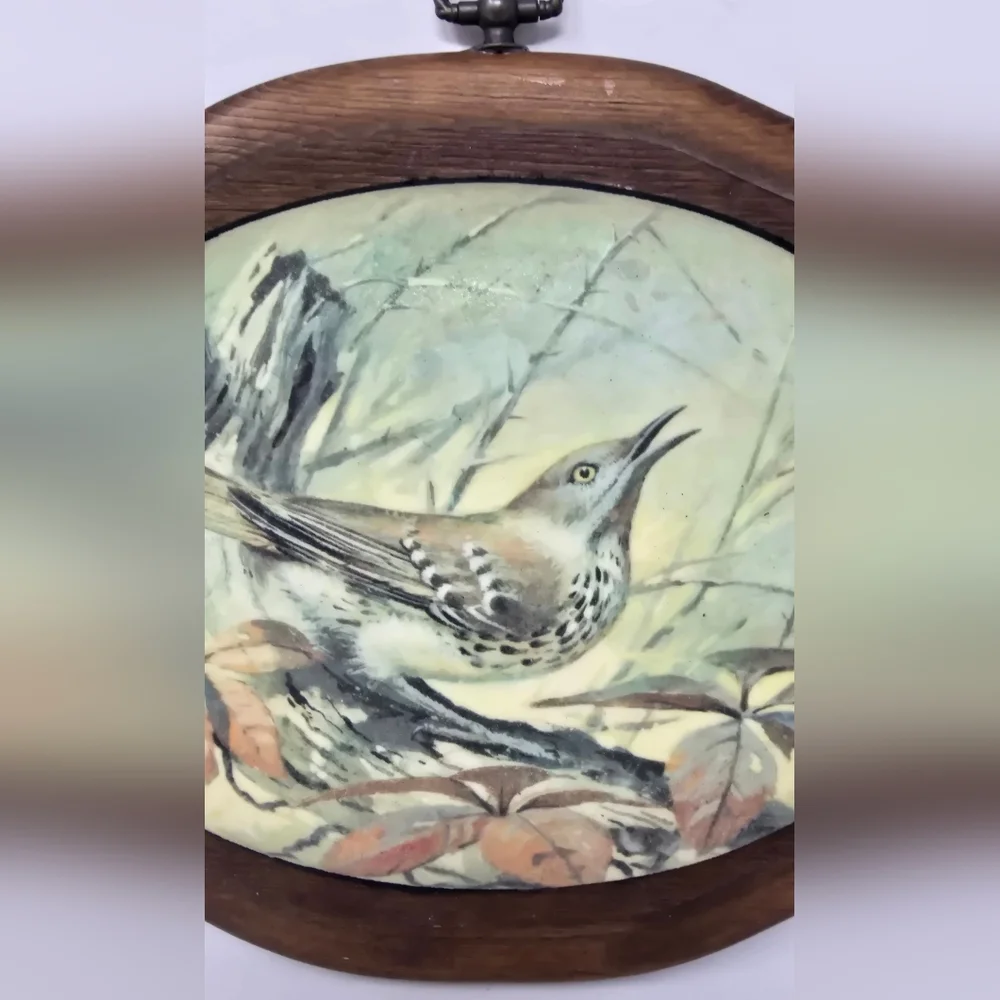 Vtg beaded glass dome 1960 floral wall art wood bird‎ farmhouse cottagecore